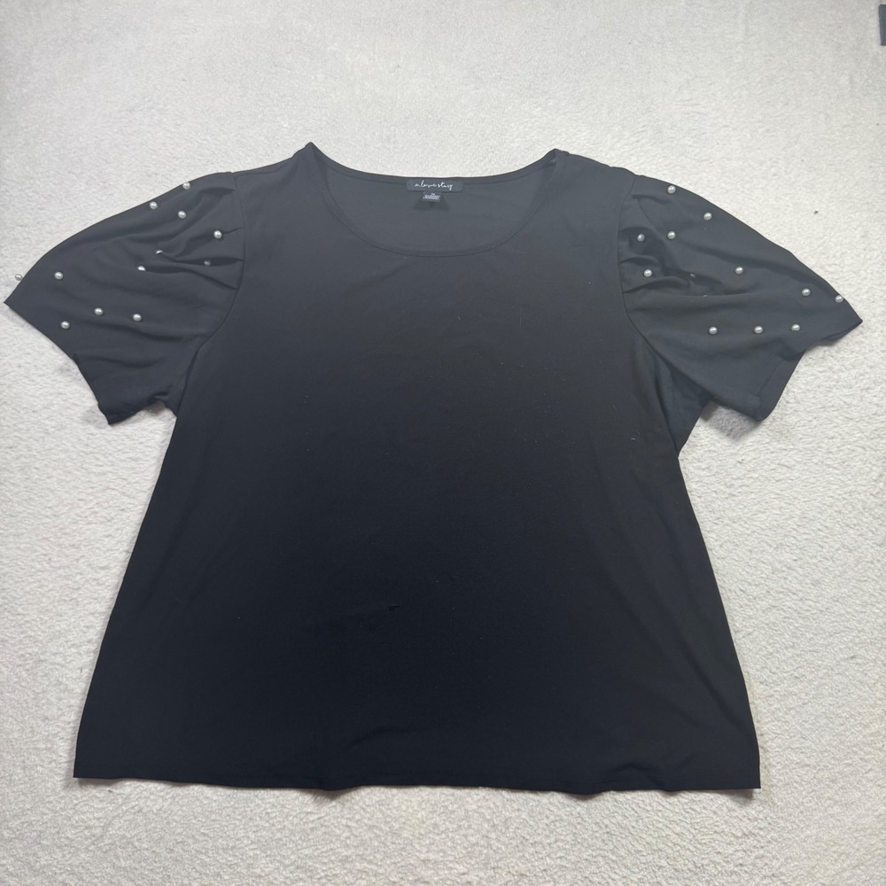 A Love Story Blouse Womens 2X Black Good Pearl Puff Sleeve Plus Size Top